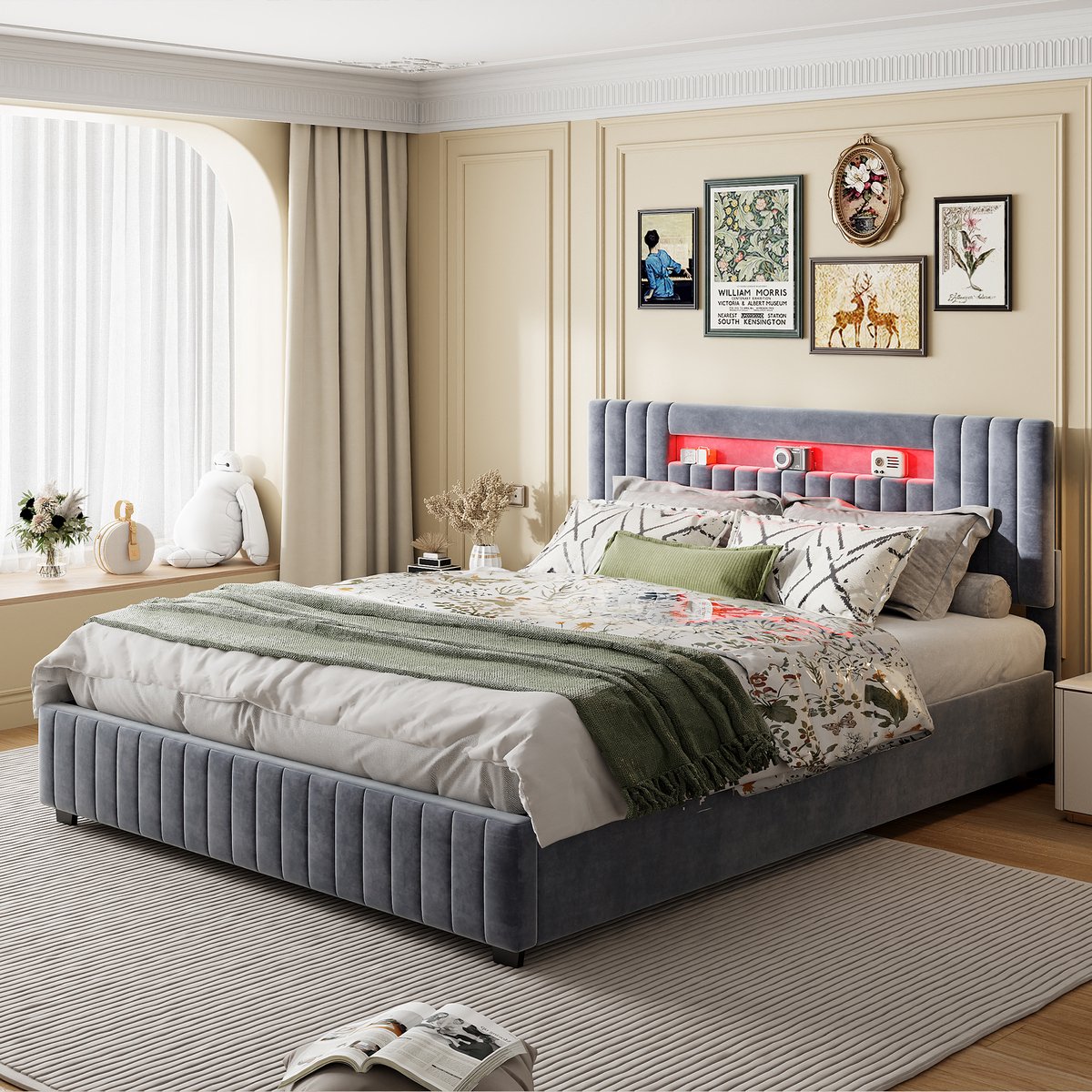 Tweepersoonsbed 140x200 cm, bedombouw met LED-verlichting, lattenbodem en hoofdeinde, bedombouw voor volwassenen, tieners, fluweelgrijs (zonder matras)