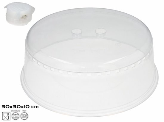Transparante magnetron deksel, 30x30x10 cm, met ventilatieopeningen en verpakking.