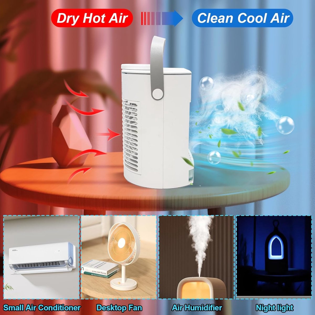 Mobiele airco zonder afvoer-mobiele airco zonder slang-3-in-1 mini-afvoerloze draagbare airconditioner-mobiele airco voor slaapkamer-3 windsnelheden, grote watertank, luchtkoeler voor slaapkamer, thuiskantoor-wit thumbnail 5