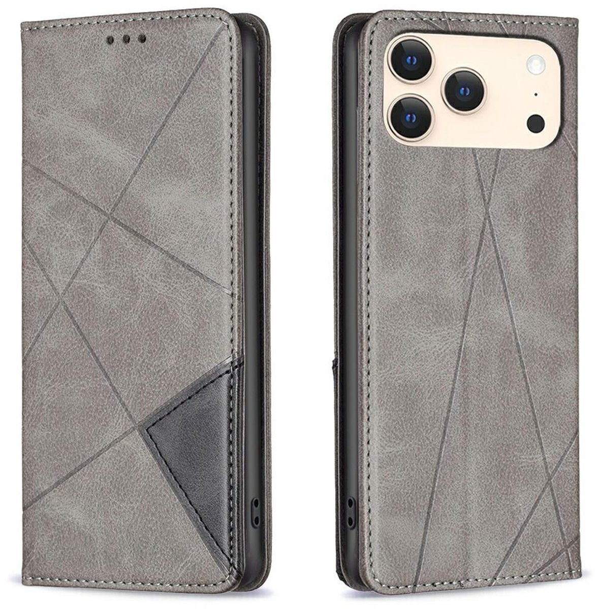 Mobigear Telefoonhoesje geschikt voor Apple iPhone 17 Pro Max Hoesje | Mobigear Rhombus Slim Bookcase | Pasjeshouder voor 2 Pasjes | Telefoonhoesje voor Pinpas / OV Kaart / Rijbewijs - Grijs