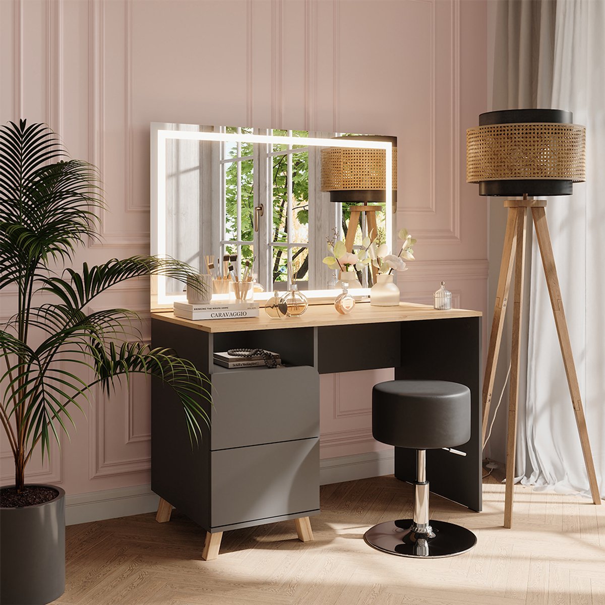 Vicco Kaptafel set met kruk Karen, Antraciet/Artisanaal eiken, 110 cm met LED-spiegel en kruk