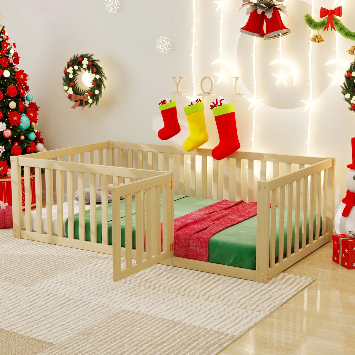 SINGULARITY Kinderbed - 90 x 200cm - bedframe met rails en deurtjes - Geen matras - Geen lattenbodem-Naturel