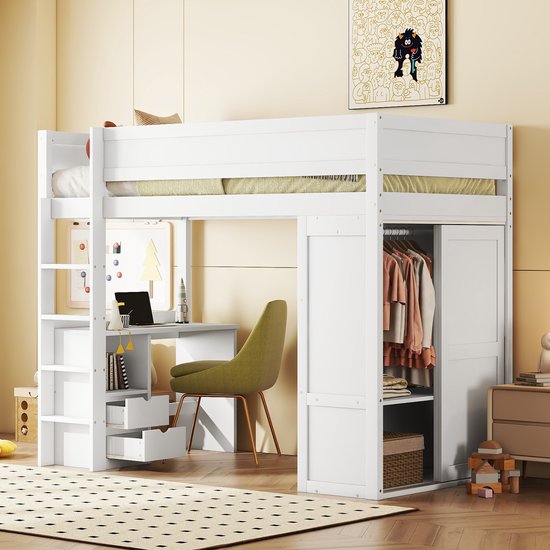 Lit mezzanine 90x200 cm - lit enfant multifonctionnel avec armoire, bureau et tiroirs - blanc