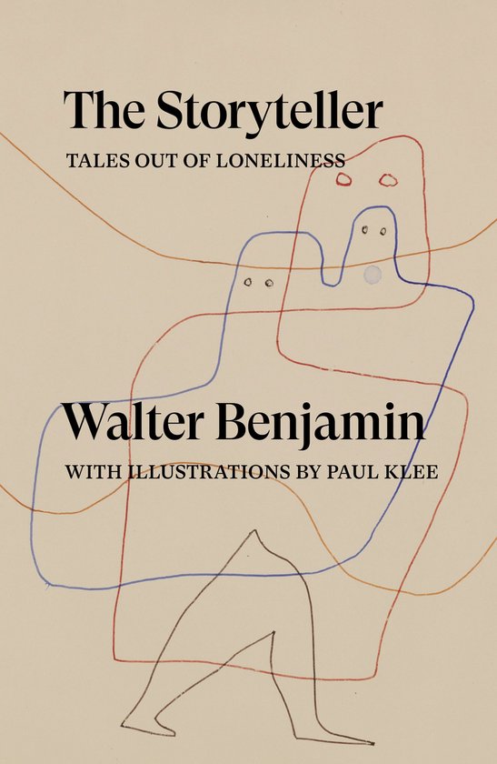 Boek 'The Storyteller' van Walter Benjamin met illustraties van Paul Klee op een beige achtergrond met abstracte lijntekeningen.