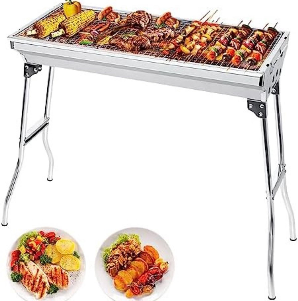 Houtskoolbarbecue - Camping Grill - Opvouwbare Barbecue - Draagbare Houtskoolgrill - Tuinbarbecue - BBQ voor Camping en Picknick - Barbecue op Poten - Roestvrijstalen BBQ - Groot Formaat - Voor 5 tot 10 Personen - 73 x 33 x 71 cm