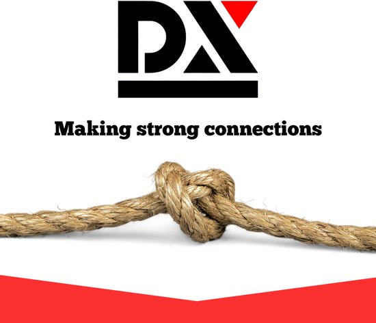 Zilveren karabijnhaak met het logo van DX "Making strong connections"