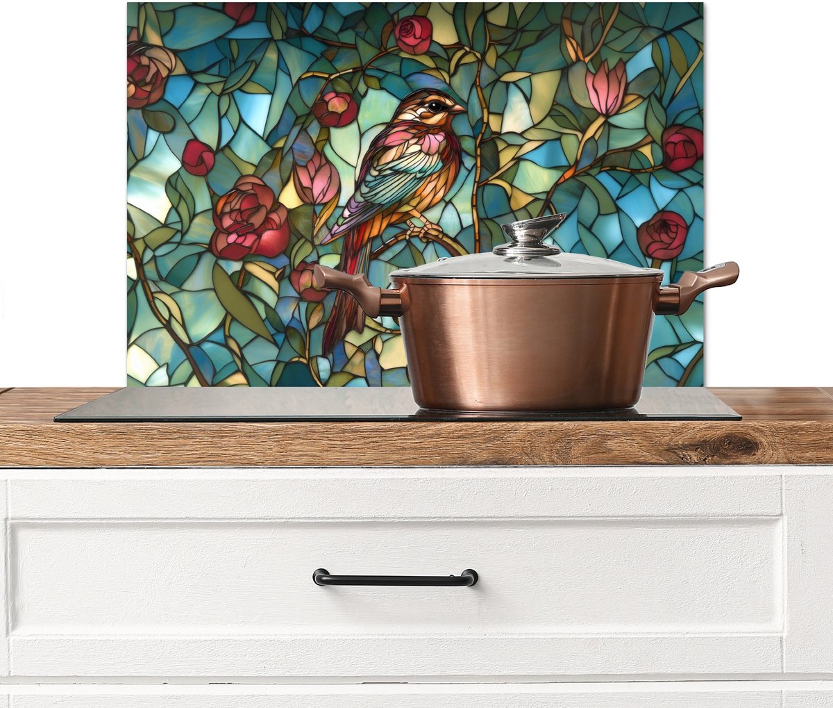 KitchenYeah Spatscherm keuken 70x50 cm Kookplaat achterwand Vogel Tak Rozen Mozaïek Muurbeschermer Spatwand fornuis Hoogwaardig aluminium