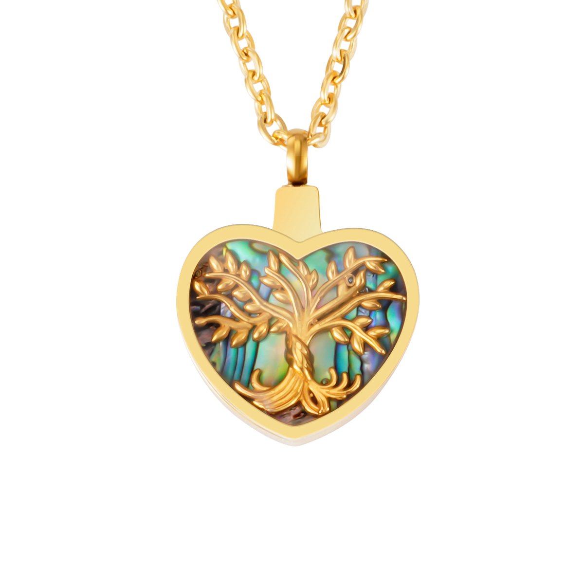 Quiges - RVS Ashanger - Goudkleurig - Urn - Hart Ammoliet Levensboom - met - Verstelbare - Ketting 45 - 50cm en vulsetje - Asketting - As sieraad SLSA041