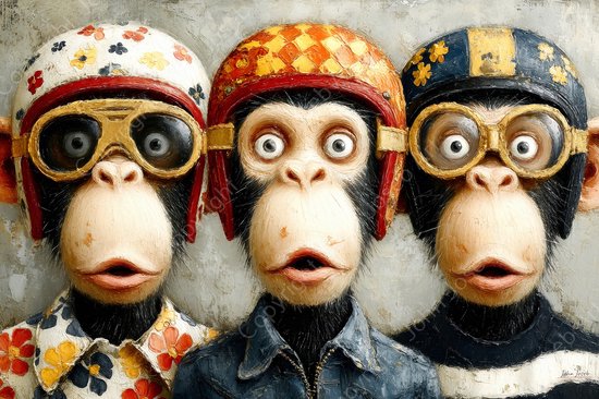 JJ-Art (Glas) 120x80 | Singes drôles et fous avec un casque de moto, humour, art, coloré, lunettes, moto, casque, animal, animaux, bleu, jaune, rouge, moderne | Foto-schilderij-glasschilderij-acrylglas-acrylaat-wanddecoratie