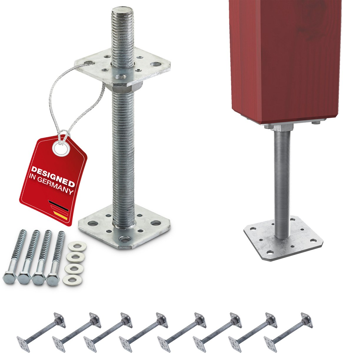 SOTECH set van 8 paaldragers 80 x 80 x 250 mm draad M24 staal thermisch verzinkt paalvoet in hoogte verstelbare paalhouder om vast te schroeven weerbestendig