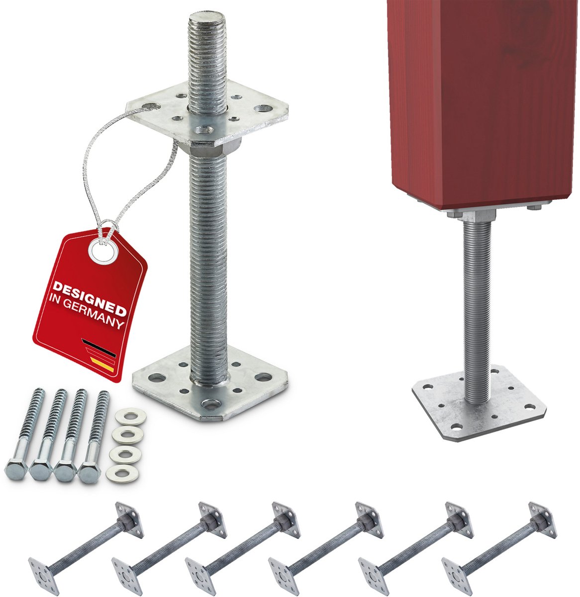 SOTECH set van 6 paaldragers 80 x 80 x 250 mm draad M24 staal thermisch verzinkt anker in hoogte verstelbaar grondvoet om vast te schroeven weerbestendig