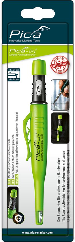 Verpakking van de Pica-Dry Longlife Automatic Pencil met afbeeldingen van de stift.