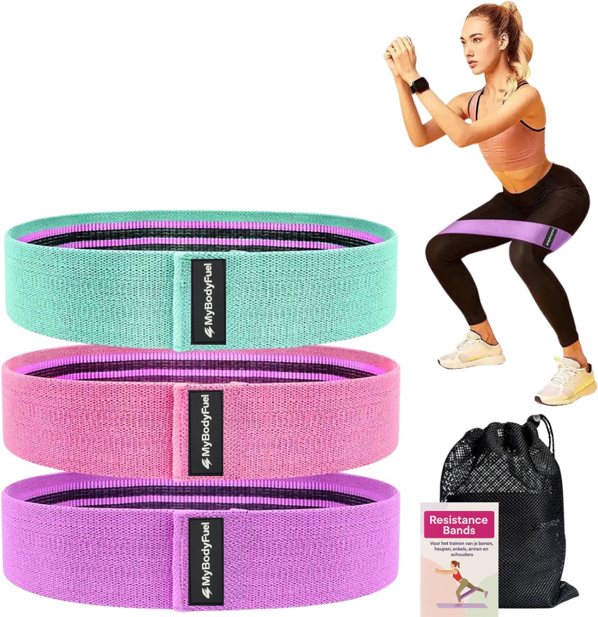 MyBodyFuel - Weerstandsbanden set - Resistance Band - Fitness Elastiek - Booty Band - 3 Stuks