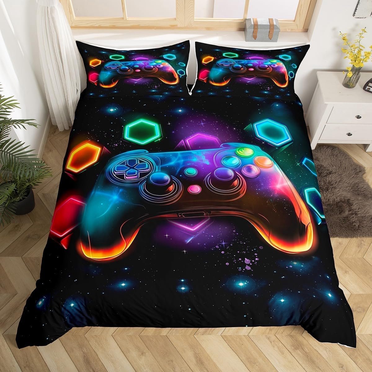 Ibenzoa Gamer Beddengoed Set voor Jongens en Tieners met Gamepad en Sterrenhemel Print, 2-delig kleur