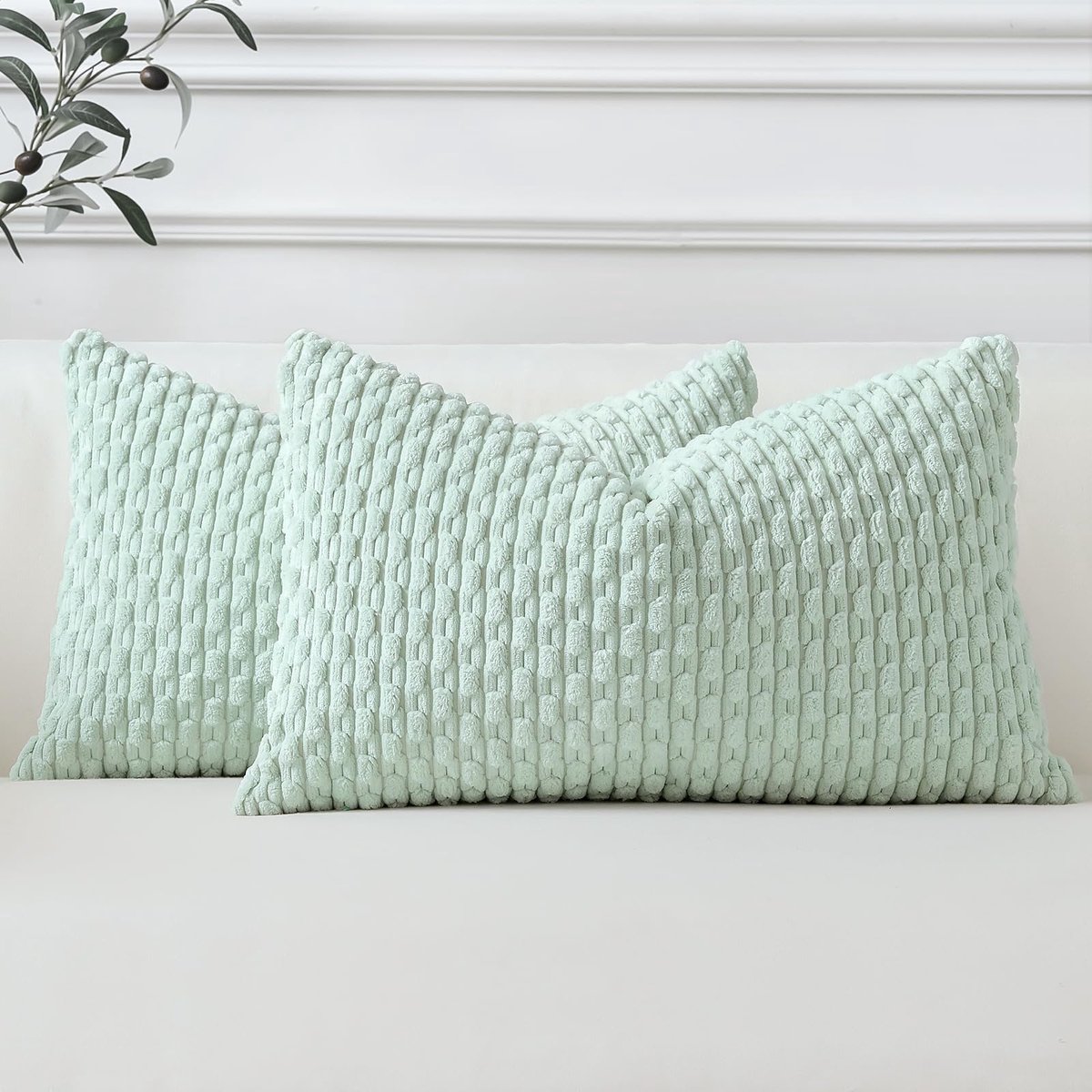 Ibenzoa Set van 2 luxe corduroy kussenslopen in zachte, decoratieve stijl voor elke ruimte lichtgroen