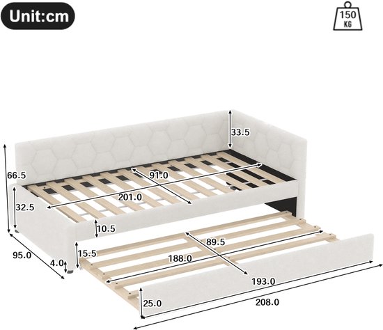 Wit slaapbank met uittrekbaar bed, met afmetingen in cm