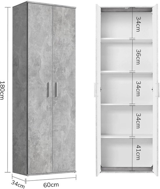 Grijze kast met betonlook, 180x60x34cm, met open interieur en 5 planken met afmetingen.