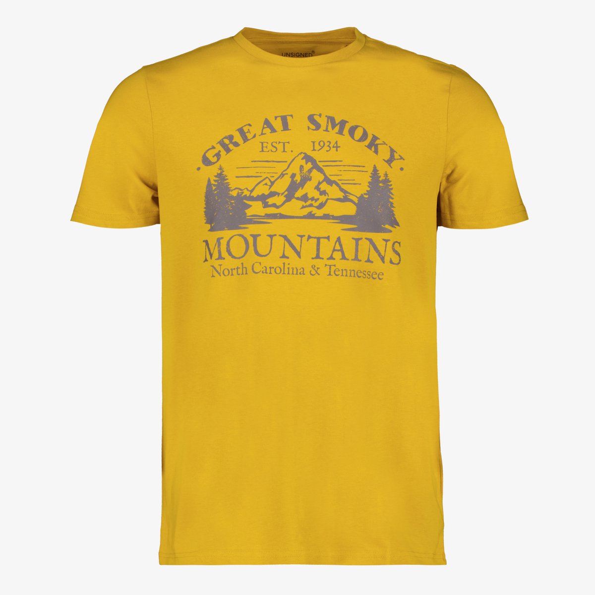 Unsigned heren T-shirt met opdruk van bergen geel - Maat XL