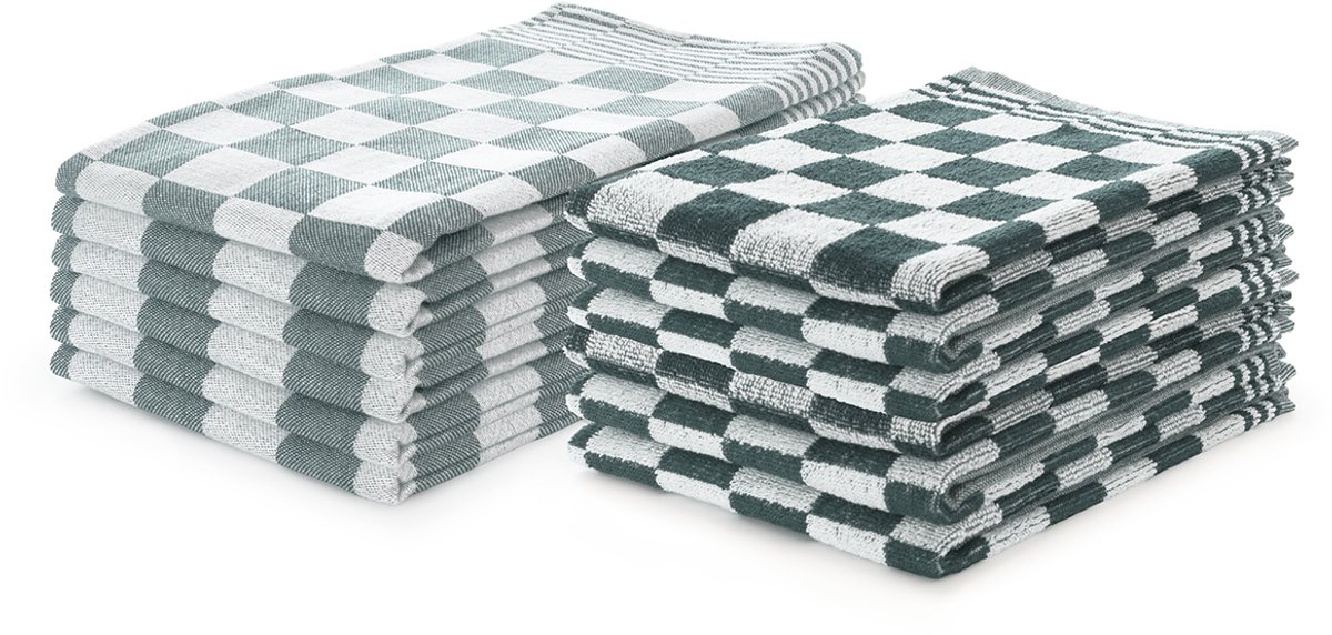 Bol.com LINNICK Theedoeken en Keukendoeken Set Donker Groen - Set van 12 – Geblokt – Blokdoeken – 100% katoen – 6 Horeca Theedoe... aanbieding