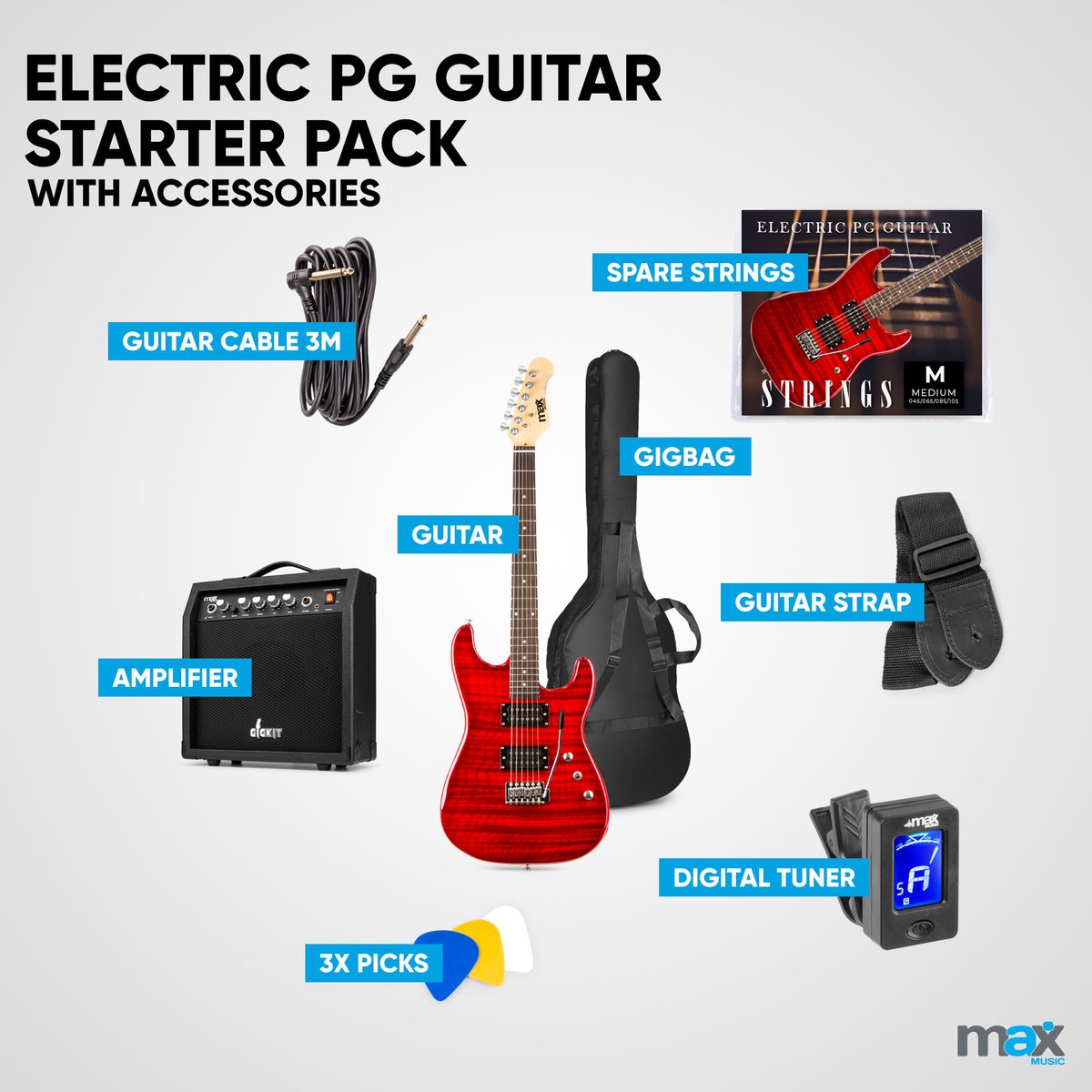 Ensemble de guitare électrique Max GigKit Rock V avec amplificateur 40 Watt  et accessoires