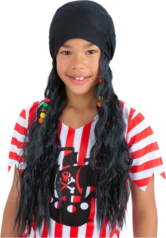 Smiffy's - Piraat & Viking Kostuum - Stoere Bandana Met Zwart Lang Haar Piraat Goudzoek Kind - Zwart - Carnavalskleding - Verkleedkleding