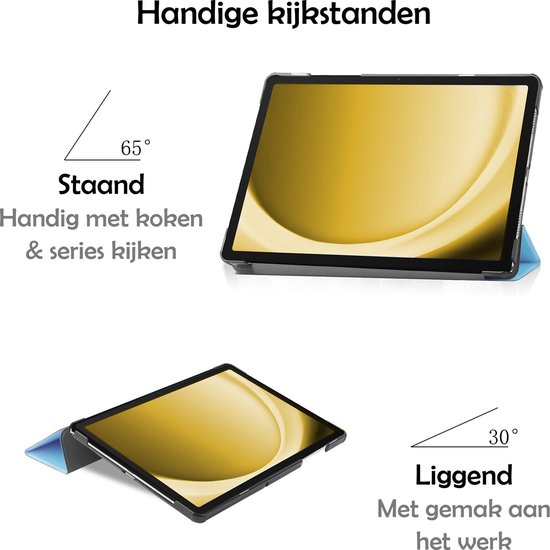 Deux supports pour tablette, en position verticale à 65° et horizontale à 30°, avec un fond doré.