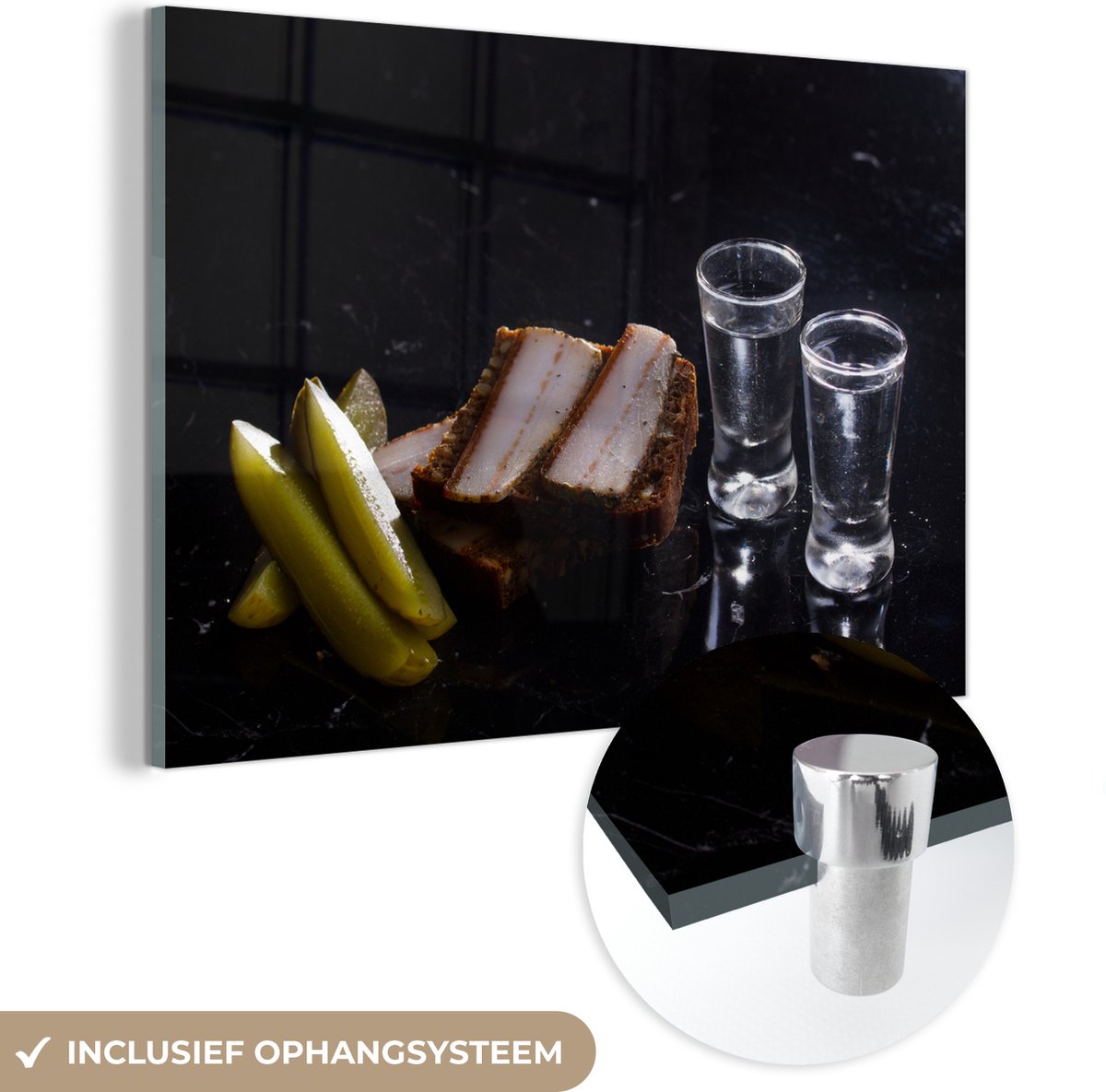 MuchoWow® Glasschilderij 30x20 cm - Schilderij acrylglas - Twee glaasjes Wodka op een zwarte achtergrond - Foto op glas - Schilderijen - MuchoWow