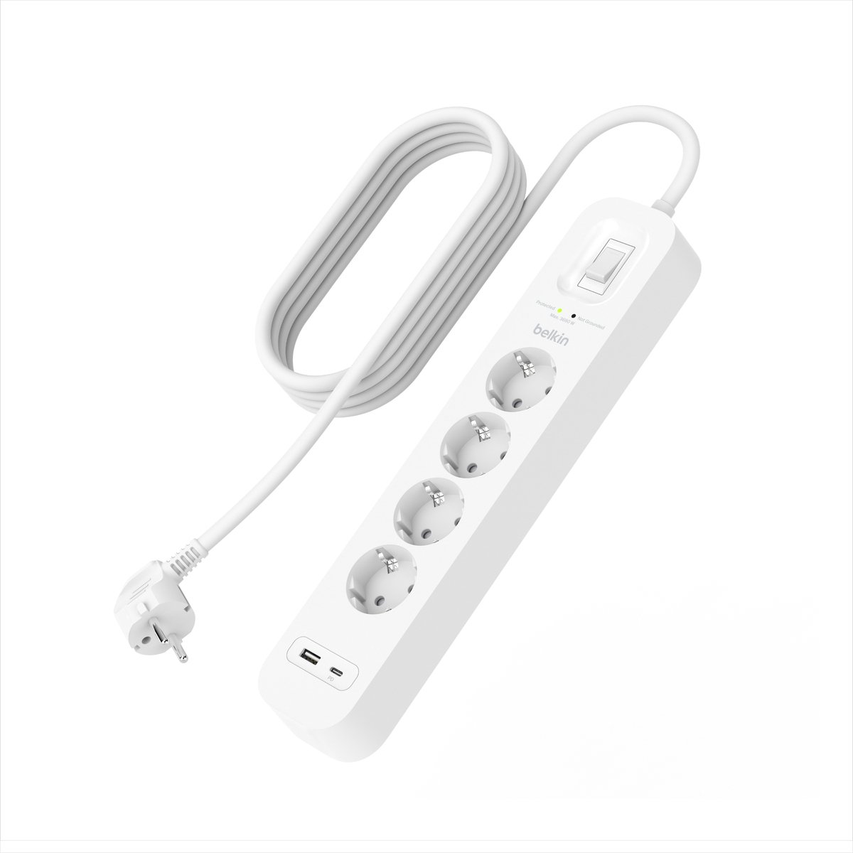 Belkin Spanningsbeveiliger met 4 stopcontacten Wit 2M (USB-C+USB-A)