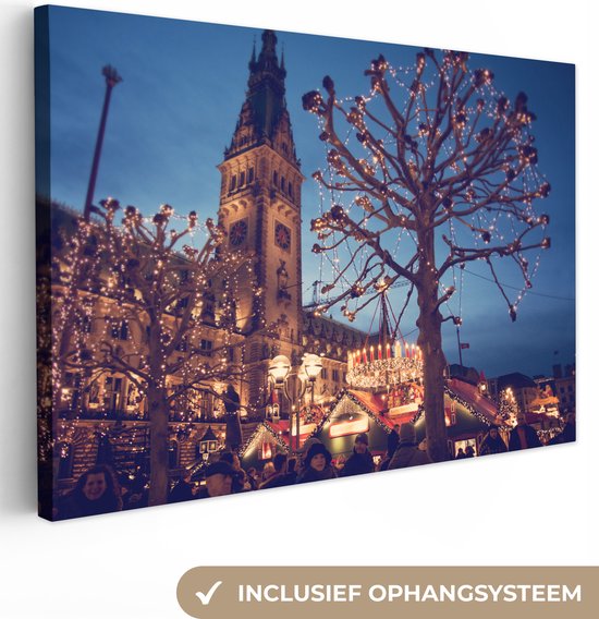 Canvas Schilderij Kerst - Markt - Hamburg - 120x80 cm - Wanddecoratie