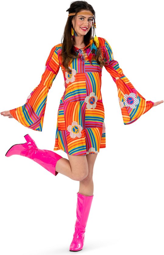 Funny Fashion - Hippie Kostuum - Sjanel Dress - Vrouw - Oranje - Maat 36-38 - Carnavalskleding - Verkleedkleding