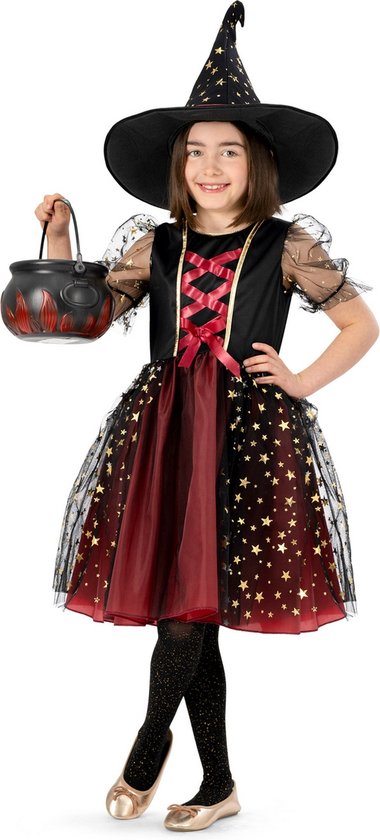 Funny Fashion - Heks & Spider Lady & Voodoo & Duistere Religie Kostuum - Eternity Heks Van De Sterren - Meisje - Rood, Zwart - Maat 164 - Carnavalskleding - Verkleedkleding