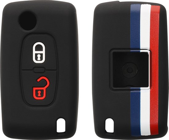 kwmobile autosleutel hoesje geschikt voor Peugeot Citroen 2-knops inklapbare autosleutel - Autosleutel behuizing in blauw / rood / wit - Frankrijk Gestreept design