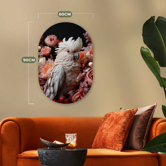 Mur ovale 60x90 cm - Mur ovale Cacatoès - Animal - Nature - Botanique - Fleurs - Rose - Décoration murale plastique - Tableau ovale - Décoration murale salon - Peintures - Forme miroir ovale sur plastique