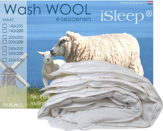 Dekbed Wool Isleep Wash - 4 Saisons - 100% Zuiver Laine vierge - Double - 200x200 cm - Lavable - Avec Fermeture Éclair