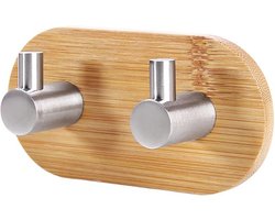 DWIH® - Zelfklevende dubbele Haak van Bamboe en zwart staal - Ophanghaken - Zelfklevend - Handdoekhaakjes - Badkamer - Bamboo - RVS