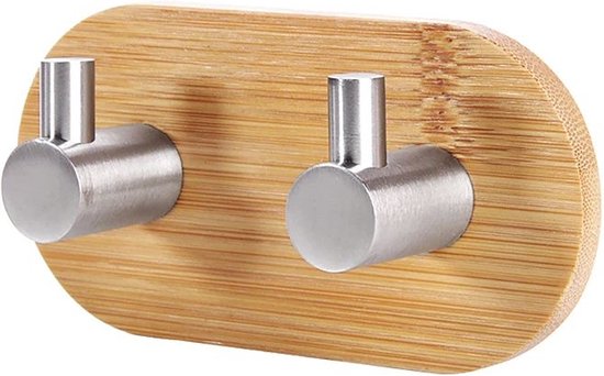 DWIH® - Zelfklevende dubbele Haak van Bamboe en zwart staal - Ophanghaken - Zelfklevend - Handdoekhaakjes - Badkamer - Bamboo - RVS