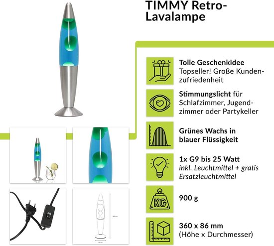 Lavalamp blauw, decoratieve lamp klein, sfeerlicht, 36 cm, G9