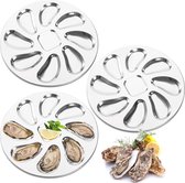 Set van 3 roestvrijstalen oesterborden, ronde oesterborden van 25 cm, 8 gleuven oestergrillpan voor oesters, saus en citroenen