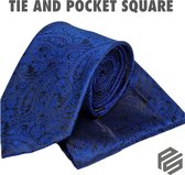 Mens Tie and Pocket Square set High Quality with flowers designs work Navy blue with blue yarn work