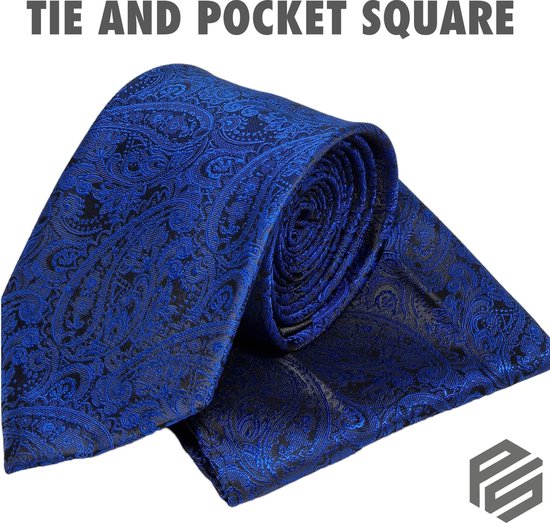 Ensemble cravate et pochette pour hommes de haute qualité avec des motifs de fleurs bleu marine avec du fil bleu