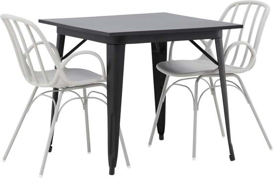 Tempe eethoek tafel zwart en 2 Dyrön stoelen grijs.