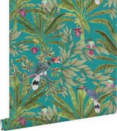 Papier peint ESTAhome feuilles de jungle tropicale et oiseaux de paradis bleu pétrole et vert jungle - 0- 0,53 x 10,05 m