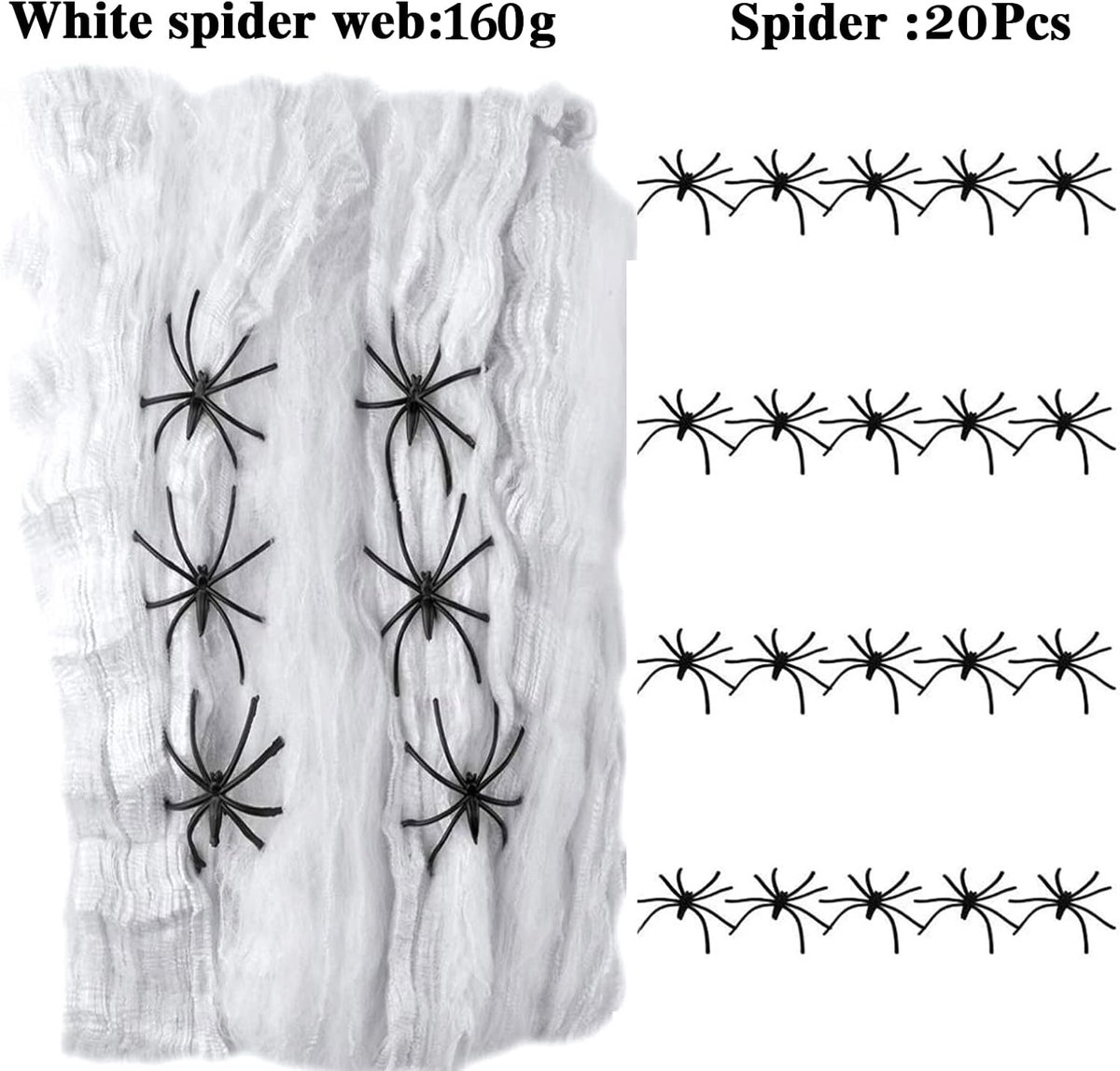 STAR&STER Halloween decoratief spinnenweb, spinnenwebdecoratie met 160 g spinnenweb en 20 spinnen, decoratie Halloween voor binnen tafeldecoratie Halloween, feest, deur en raam, carnaval, tuin,