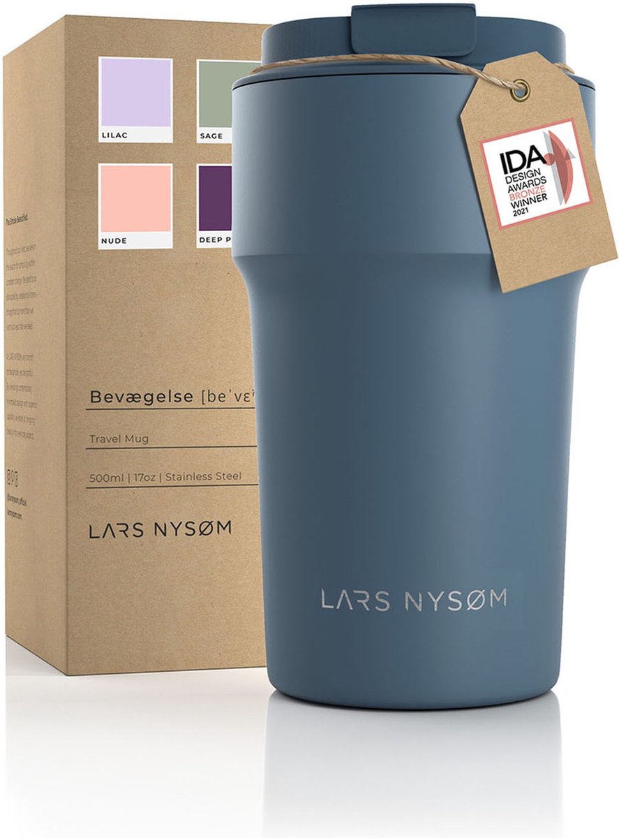 LARS NYSØM - 'Bevægelse' Thermo Coffee Mug-to-go 500ml - BPA-vrij met Isolatie - Lekvrije Roestvrijstalen Theemok - Blue Stone