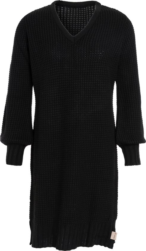 Knit Factory Robin Dames Jurk - Gebreide Trui Jurk - Wollen jurk - Herfst- & winterjurk - Wijde jurk - V-hals - Zwart - 36/38 - Knielengte