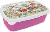 Broodtrommel Roze - Lunchbox - Brooddoos - Boerderij - Trekker - Kinderen - Dieren - 18x12x6 cm - Kinderen - Meisje