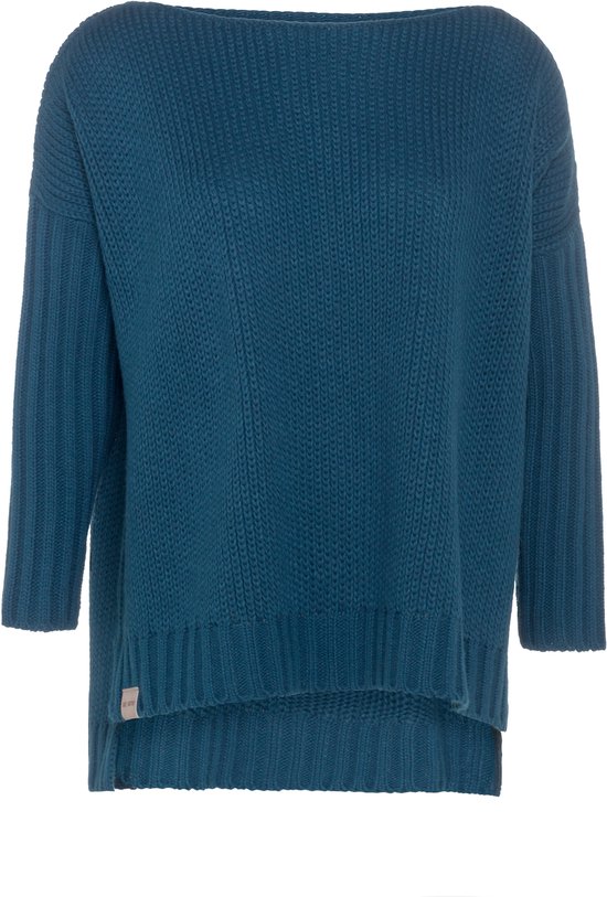 Knit Factory Kylie Gebreide Dames Trui - Trui dames winter - Pullover dames - lange mouw - Wintertrui - Damestrui - Boothals - Petrol - Donkerblauw - 46/54 - Grote maten dames kleding