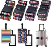 4 stuks kofferriemen met cijferslot + 4 kofferlabels met adreslabel kofferriemen, kleurrijke bagageriem, reisaccessoires, verstelbare multifunctionele bagageriem, kofferband, riem, 200 x 5 cm,
