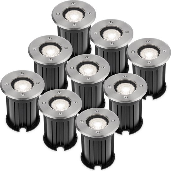 HOFTRONIC 9x HOFTRONIC Maisy - Grondspots LED voor buiten - Rond - RVS - IP65 Waterdicht - Verwisselbare GU10 - 5 Watt 400 Lumen - 6000K Daglicht wit - 3 jaar garantie