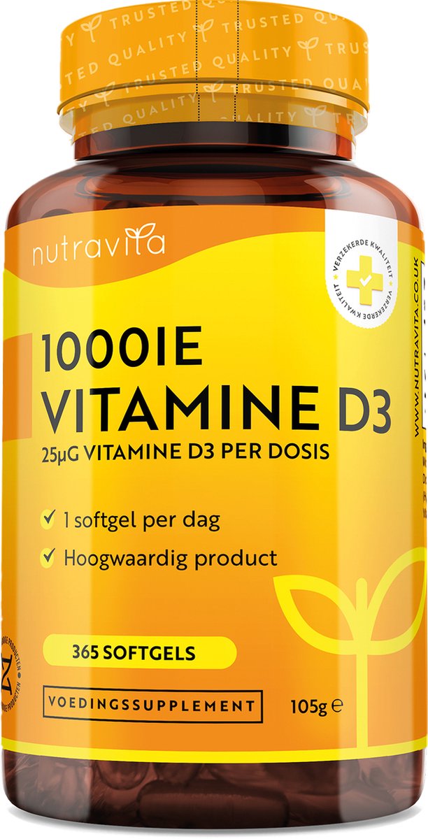 Nutravita Vitamine D - Vitamine D3 voor Volwassenen, 365 Vitamine D capsules (1 volledig jaarvoorraad), goed voor weerstand en ondersteunt spieren, botten en tanden